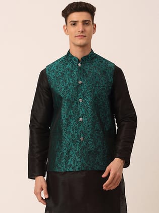 Men's Green Woven Design Nehru Jacket.-M / Green