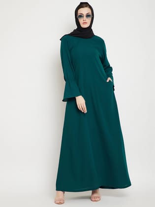 Nabia Women Bottle Green Solid Side Pockets A- Line Abaya With Georgette Scarf-XS / 54