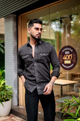 CARBON BLACK MEN DOUBLE POCKET SHIRT-M