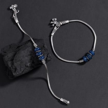 Blue Color Oxidised Anklets (ANK1096BLU)-Free Size / Blue / Alloy With Good Quality Silver Plated