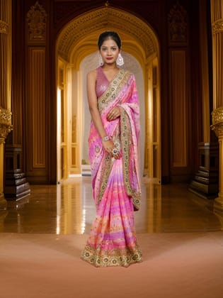 Designer Saree with Kundan & Cut Dana Work by Shreekama-Pink Multi / Free Size