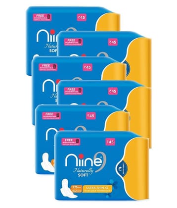 Niine Naturally Soft Ultra Thin XL Sanitary Pads (Pack of 6) 36 Pads with Free Biodegradable Disposal Bags