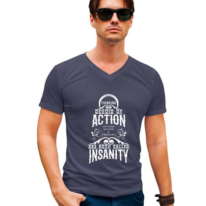 Thinking devoid of Action | V Neck-Navy Blue / S