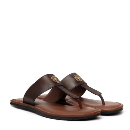 T-Strap Leather Slide-in Slippers with Tan-Brown Strap-40/6