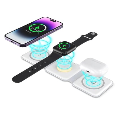 Muvit 3-in-1 Foldable Magnetic Wireless Charger For iPhone, iWatch, AirPods-White