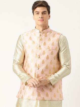 Mens Silk Blend Self Design Pink Nehru Jacket-44