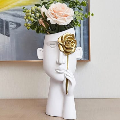 Flower Face Vase-White / Polyresin | Gloss Finish / L: 6 | W: 4 | H: 10 (Inch)