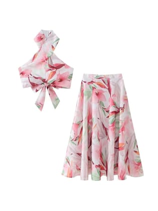 Halterneck Floral Print Knotted Top & Skirt Coord Set-S / PINK