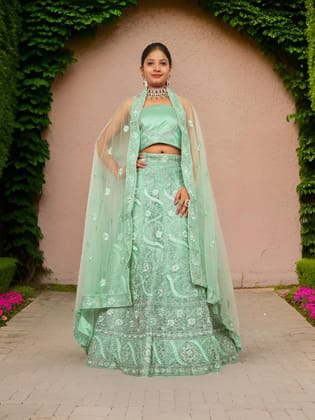 Semi-Stitched Lehenga with American Diamond & Zari Thread Work by Shreekama-Pista Green / Free Size