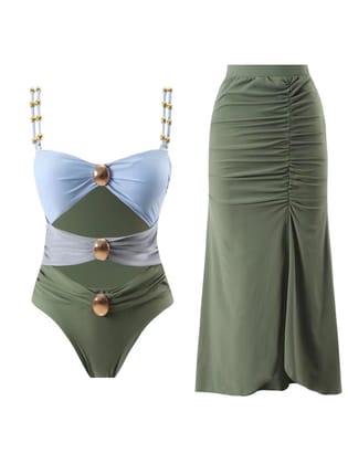 Round Buckle Hollow Out Cutout Swimsuit Skirt Coord Set-Green / M