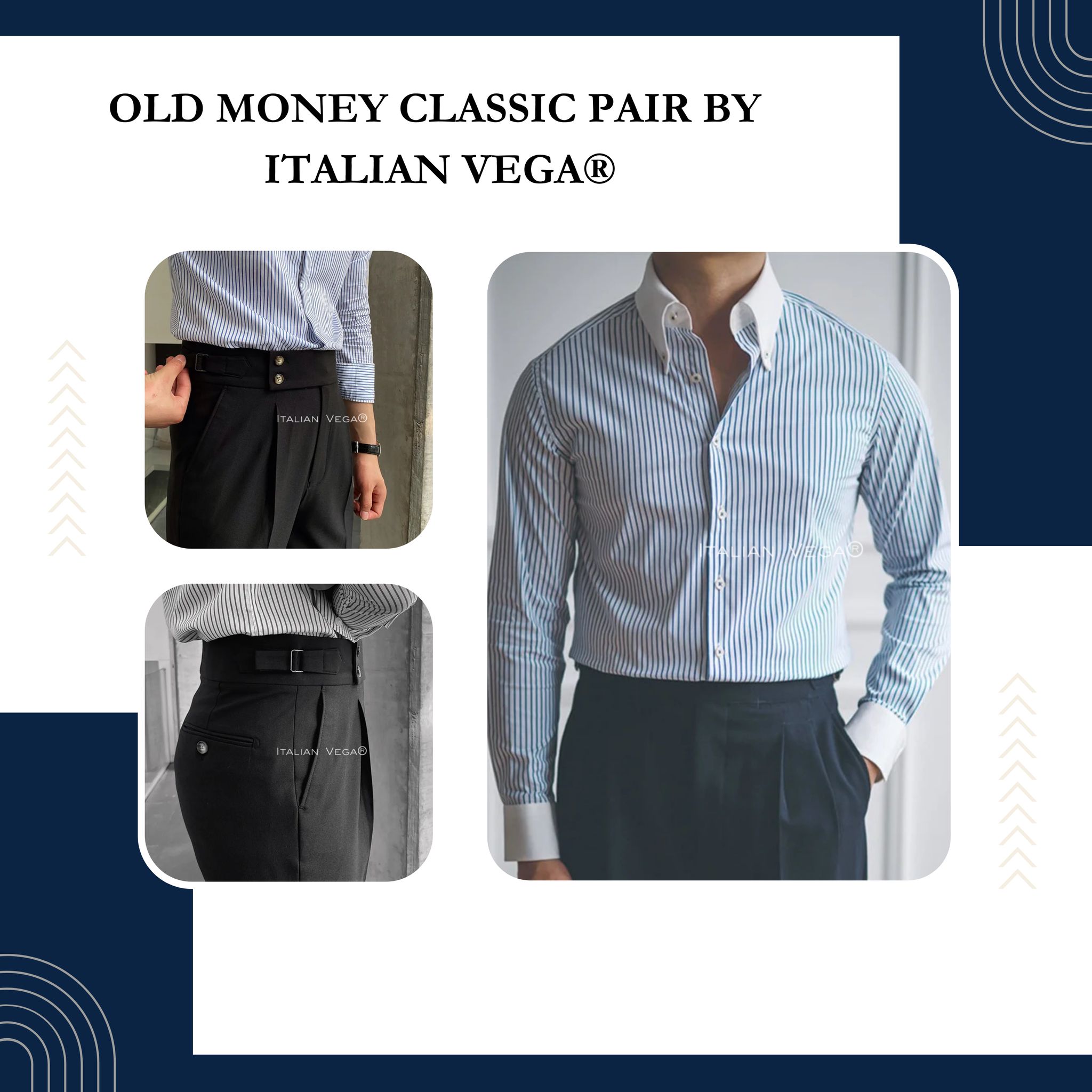 Old Money Classic Stripe Shirt with Black Signature Buttoned Gurkha Pant by ITALIAN VEGA®-M / 28