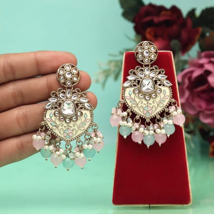 Pink & Sky Blue Color Meena Work Kundan Earrings (KDE1027PNKSBLU)-Default Title / pink ,blue / Alloy with Good Quality Mehendi Gold Plated