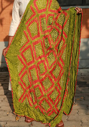 Light Green and Red Bandini Modal Silk Dupatta