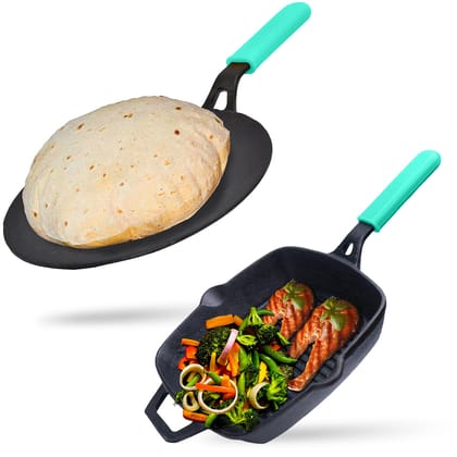 GEMMA CAST IRON GRILL PAN PLUS ROTI TAWA COMBO GREEN RED YELLOW-Green