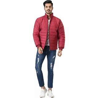 Men's Red Reversible Solid Double Sided Comfortable Long Sleeve Bomber Winter Jacket