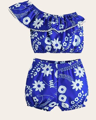 Girls One Shoulder Printed Crop Top & Shorts Set Kids Summer Clothes-Blue / 12 Months-18 Months