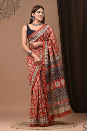 Precious Pure Chanderi Silk Red Saree Blockprinted