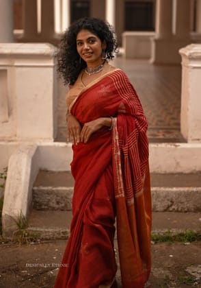 Red Block Printed Linen Saree with Star Motifs