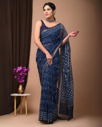 Detailed Kota Doria Cotton Saree Blue Handblock Print