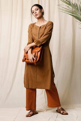 Set of 2: Khaki Cotton Kurta & Narangi Palazzo-XS