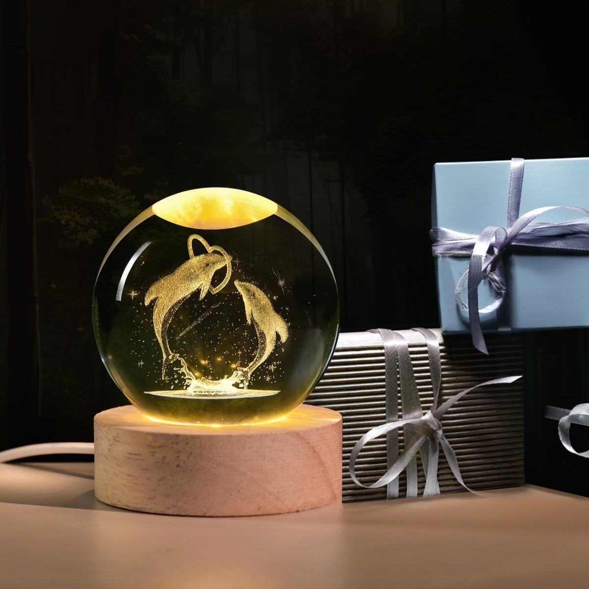 3D Love Heart Crystal Ball Night Lamp for Home Office Decoration Birthday Gift (Love Heart)-Dolphin