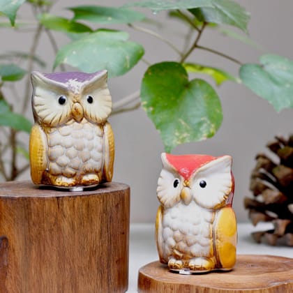 Ceramic Owl Pair-Red & Purple