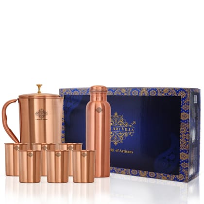 IndianArtVilla Handcrafted Pure Copper Drinkware Gift Set of 6 Glass, 1 Bottle and 1 Jug, Lacquer Coated, Good For Health