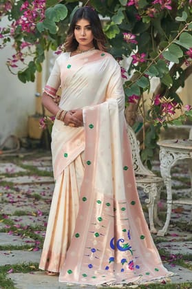 Daisy White Paithani Soft Silk Banarasi Saree