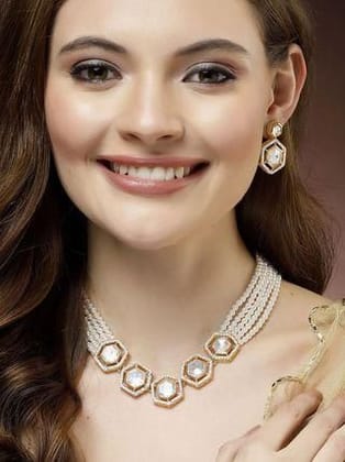 Pearl Beaded Hexagonal Polki Kundan Necklace Set for Women-Free Size