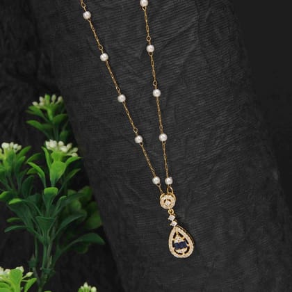Stainless Steel Tear Drop Blue Baguette Pendent Pearl Chain