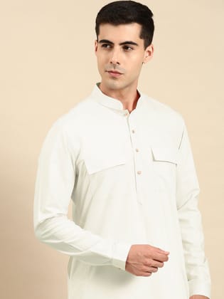 Cream Cotton Pathani Kurta Set with Patch pocket-Made To Measure / Only Pathani - No Lowers