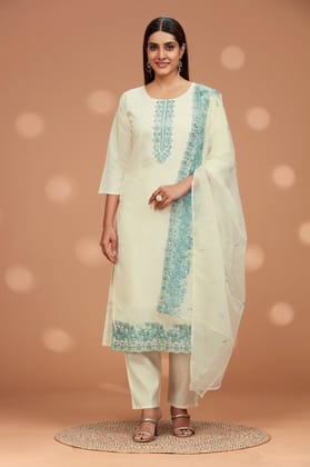 White Cotton Embroidered Chic Kurta Set-BLUE / L