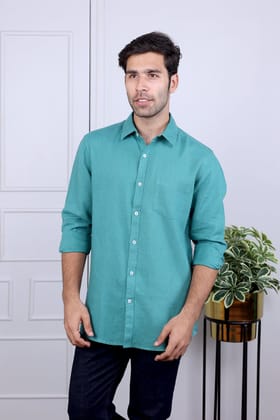 Turquoise Hand Dyed Lyocell Linen Shirt Full Sleeves MSHFS03242-S