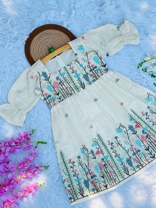 Exquisite Embroidery Work on Khadi Cotton Fabric Kids Frock&nbsp;-White / 0-3 Month