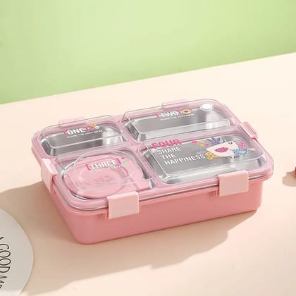 SmartMeal 4 Compartment Stainless Steel Lunch Box – Sturdy, Portable & Dibbie Included-Pink