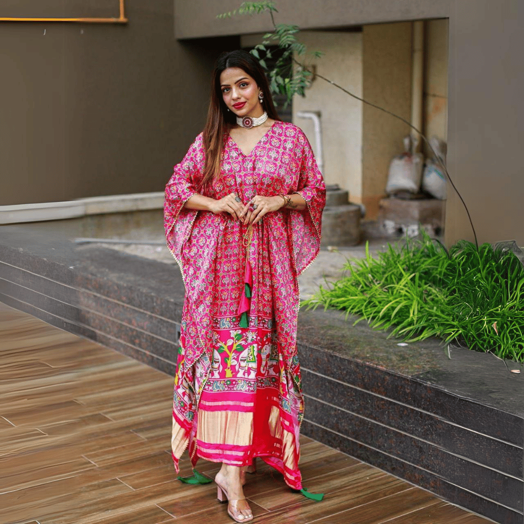 Women Pink Kaftan with Fancy Latkan and Fumka Design by GlamaStitch-Free Size Up To XXL-44