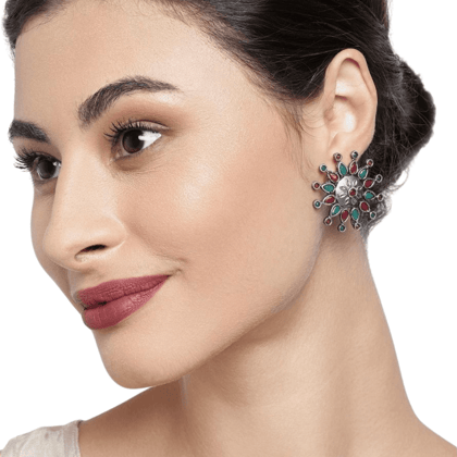 Silver-Toned  Pink Circular Studs