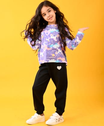 UNICORN PLANET LONG SLEEVES TSHIRT AND BLACK FLEECE JOGGER SET - PURPLE/BLACK-6-12 MONTHS / 2N / PURPLE/BLACK