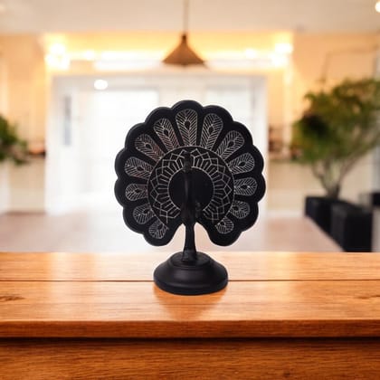 Black Peacock Showpiece - Bidri Art - Silver Inlay Work-Black