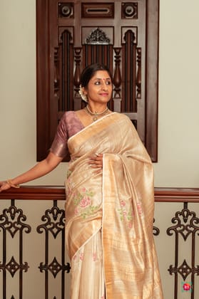 Beige Bhagalpur Tusssar Silk Jugalbandhi Saree GulaabPrem