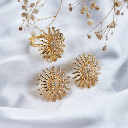 Gold Plated Sun Flare Ring & Studs Combo Set (Pack of 2)-White / Gold Plated / Free Size