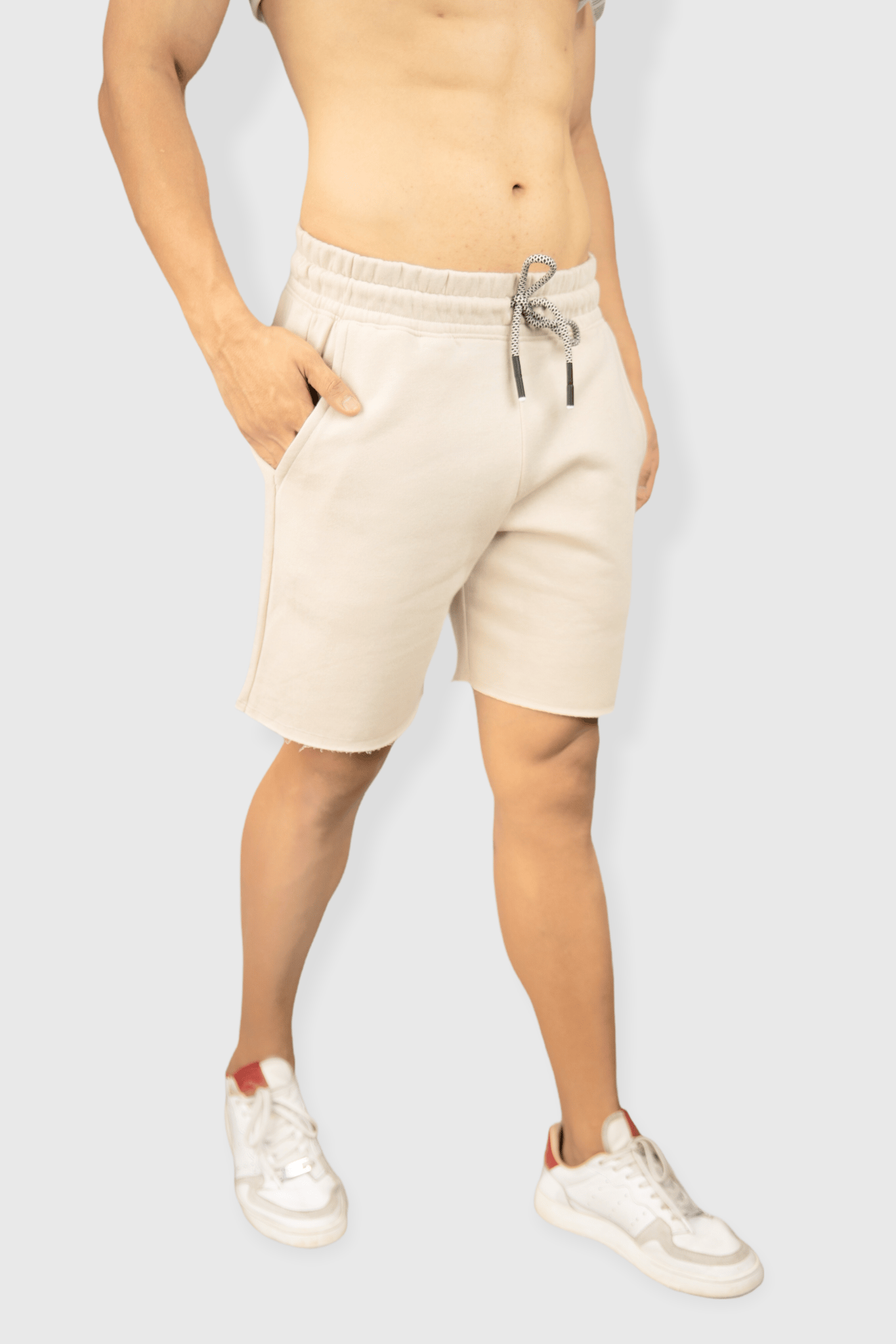 Beige casual cotton fleece shorts for men-M / Beige