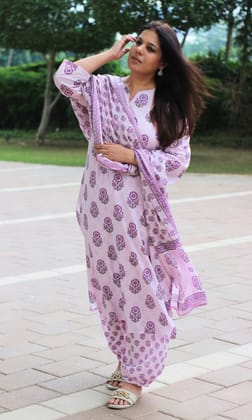 Cotton Pastel Pink & Purple Printed Suit Set with Cotton Printed Dupatta-XXS