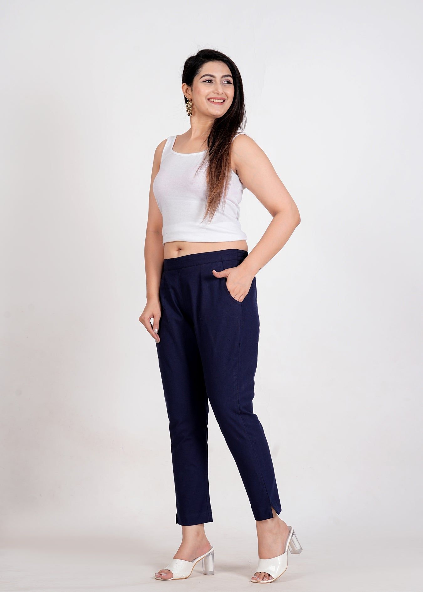Women's Navy Blue Cotton Trouser Pant - Regular Fit for Office, School, and Casual Wear-S / Navy Blue / 100% Cotton
