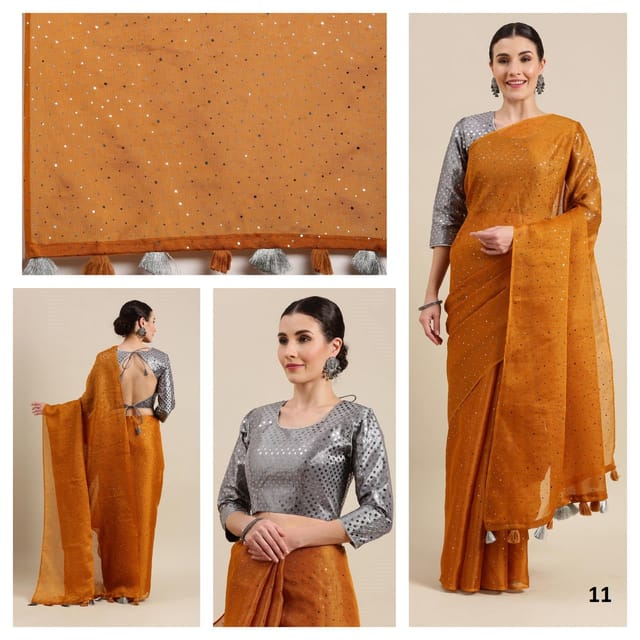 Golden Color Rubber Print Cotton Blend Saree.