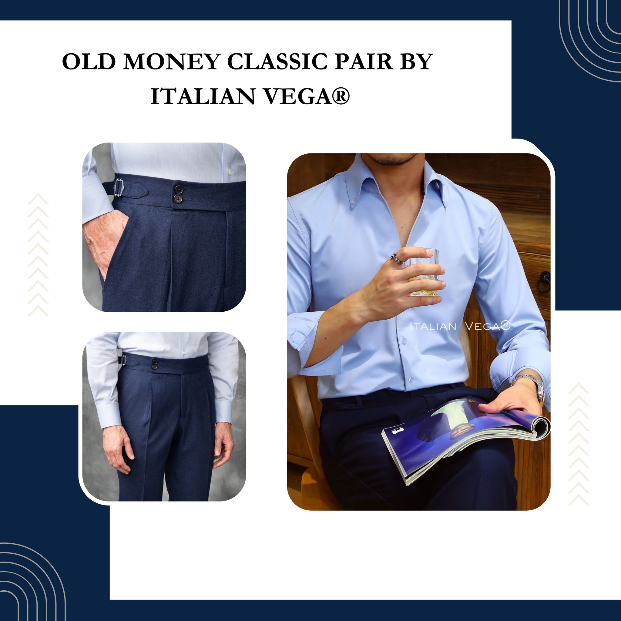Old Money Powder Blue Shirt with Navy Blue Signature Buttoned Gurkha Pant by ITALIAN VEGA®-M / 28