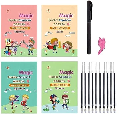 MILONI USA Sank Magic Practice Copy Book for Kids (4 Book+10 Refill+1 Pen+1 Grip) Number Tracing Book for Preschoolers with Pen Magic Calligraphy Copybook Set Practical Reusable Writing