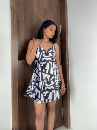 Abstract Satin Nightgown, Casual V Neck Backless Dress-S