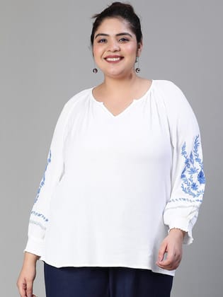 Blinged white embroidered  plus size women Loopy Top-L