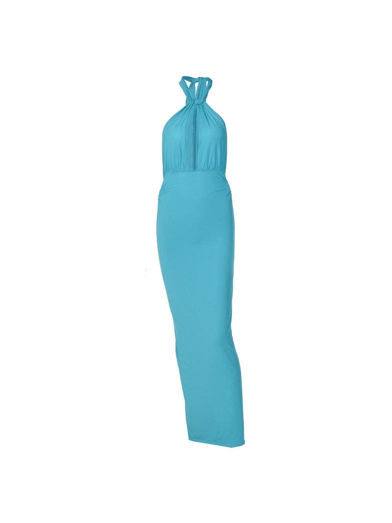Deep V Neck Backless Hollow Out Maxi Dress-S / BLUE